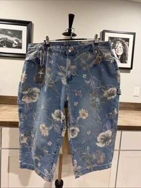 Flamingal floral Printed Denim Carpenter Shorts - Blue size 3X Bermuda style